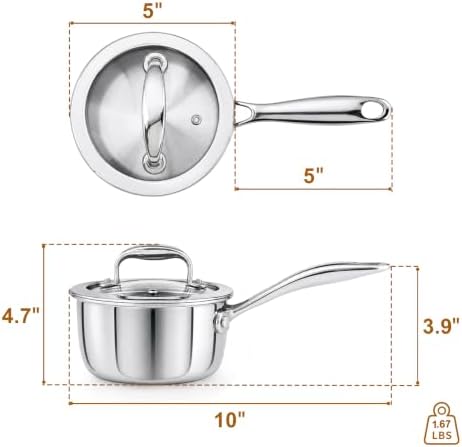 Mini Sauce Pan with Lid, Tri-Ply Stainless Steel Pot with Stay-Cool Handle & All Cooktop Compatibility (Gas, Ceramic, Electric) - 0.5 Quart