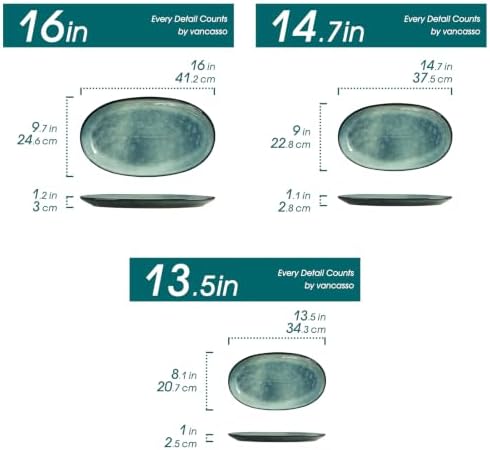 vancasso Ceramic Serving Platters Set of 3, Oval 16/14.7/13.5 Inch Stoneware Serving Dishes for Entertaining, Microwave Safe Serving Trays for Food, Turkey, Cheese, Party, Reactive Glaze Green