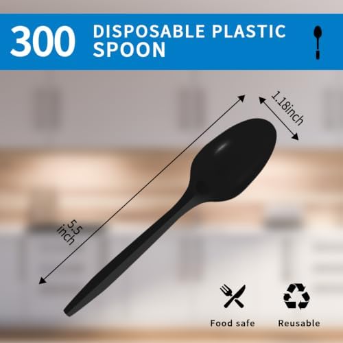 CXPSINC 300 Pack Plastic Spoons Disposable, Individually Wrapped Heavy Duty Cutlery Bulk, Sturdy Polypropylene Spoons for Restaurants, Takeout, Cafeterias, Parties (300 Pack-Black-Spoon)