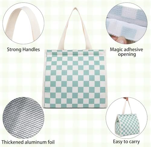 Insulated Lunch Bag for Work, 10.2"x5.9"x10.2" Oxford Waterproof Lunch Tote, Thermal Lunch Box for Office, Picnic & Outdoor, Striped Canvas Tote Bag -Check Green