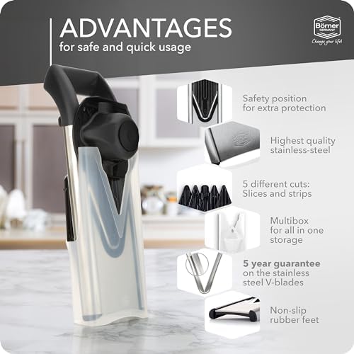 Borner V6 Exclusive Line V-Mandoline Slicer 8-in-1 Pro-Set, Stainless Steel Vegetable Cutter with Safety Insert, Slice Insert, 2 Blade Inserts