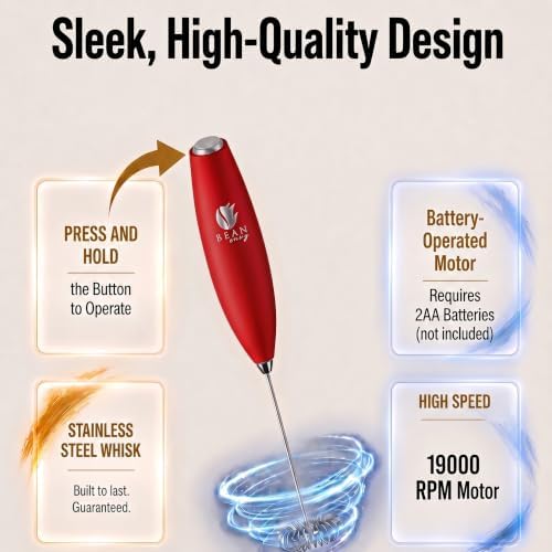 Bean Envy Milk Frother Handheld - Coffee Mixer Wand with Stand - Red