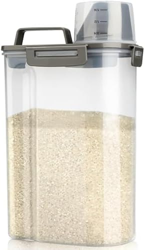 Viretec Rice Airtight Storage Container, 3 to 5Lbs Cereal Dry Food Flour Bin, Pet Dog Cat Food Dispenser with Measuring Cup, BPA Free Clear Plastic Kitchen and Pantry Organization Bin for Sugar