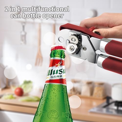 Safring Can Opener Manual, Handheld Strong Heavy Duty Stainless Steel Can Opener, Comfortable Handle, Sharp Blade Smooth Edge, Can Openers with Multifunctional Bottle Opener, Red
