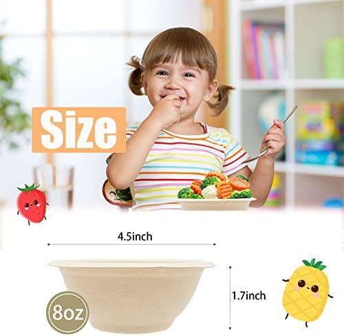 100 Pack 8oz Compostable Paper Bowls,Heavy-Duty Disposable Natural Bagasse Bowls,Biodegradable Soup Bowls,Eco-Friendly,Heat Resistant,for Ice Cream,Salad,Soup,Snack,Dessert,Pasta,Hot or Cold Use