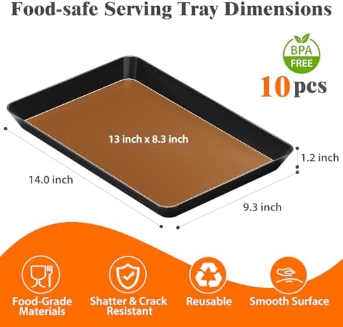 SpaceTrove 10-Pack Serving Tray Set, Reusable Plastic Serving Platter for Party Supplies, Entertaining, Grilling Accessories, Stackable Kitchen Snack Container for Dessert, Fruit, Cookie, (Black)