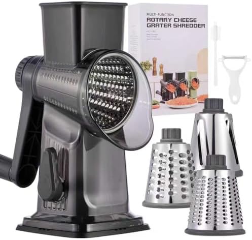 Rotary Cheese Grater with Handle Kitchen Shredder Slicer Grater Slicer Ice Shaver Cheese Vegetable Nuts Potato Zucchini Chocolate 3 Interchangeable Blades (Dark Grey TSP)