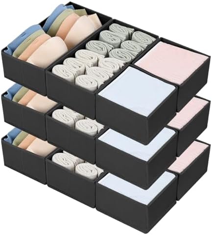 DIMJ Drawer Organizers, Set of 12 Clothes Drawer Organizer, Foldable Closet Drawer Organizer, Dresser Drawer Organizers Dividers for Baby Clothes, Socks, Belt, Tie (Black)