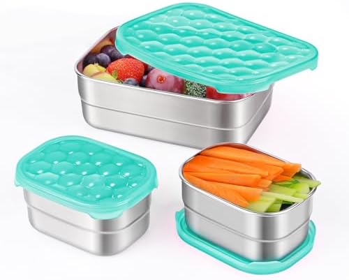 Tanjiae Small Stainless Steel Lunch Containers for Kids | Leak Proof Food Containers with Silicone Lids - Perfect Metal Food Containers with Lids for Kids School and Toddler Daycare (25oz+8oz*2)