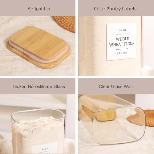 3 Pack Square Glass Pantry Storage Containers with 132 Kitchen Food Pantry Labels - 51 floz Clear Glass Pantry Jars with Airtight Wood Bamboo Lids - Glass Canisters for Candy, Cereal, Coffee, Spice