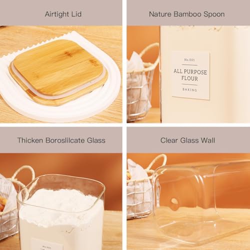 2 Pack large Square Glass Flour and Sugar Containers with 132 Kitchen Pantry Labels - 110 floz & 51 floz - Glass Jars with Airtight Bamboo Lid - Glass Rice Canisters for Coffee, Pasta, Cookie, Cereal
