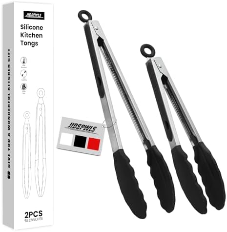 2 Pack Black Premium Stainless Steel Heat Resistant Kitchen Tongs for cooking,set of 9" and 12",Non Scratch Silicone cooking Tong Tip for Cooking Pans,Strong Grip BBQ tongs for Grabbing Hot Food