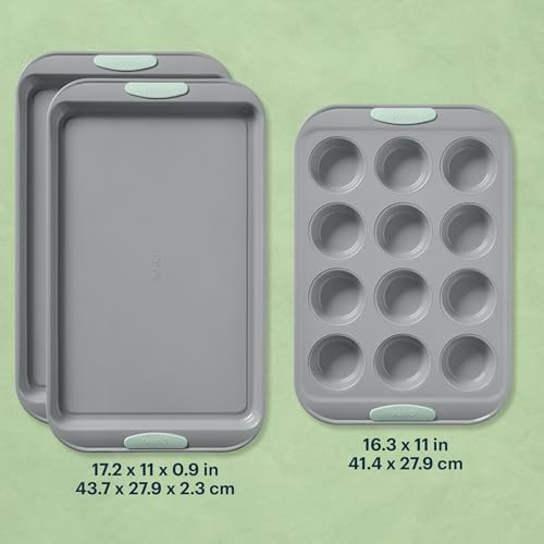 Pyrex 3-Piece Metal Cookie & Muffin Sheet Bakeware Set, Sage