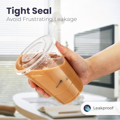 Fit Meal Prep 50 Pack 12 oz Clear Plastic Cups with Flat Lids, Disposable Iced Coffee Cups, BPA Free Premium Crystal Smoothie Cup for Party, Lemonade Stand, Cold Drinks, Juice, Milkshake