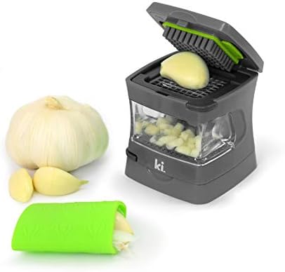 Garlic-A-Peel Garlic Press, Crusher, Cutter, Mincer, and Storage Container - Includes Silicone Garlic Peeler - Easy to Clean - Stainless Steel Blades – (Grey), standard