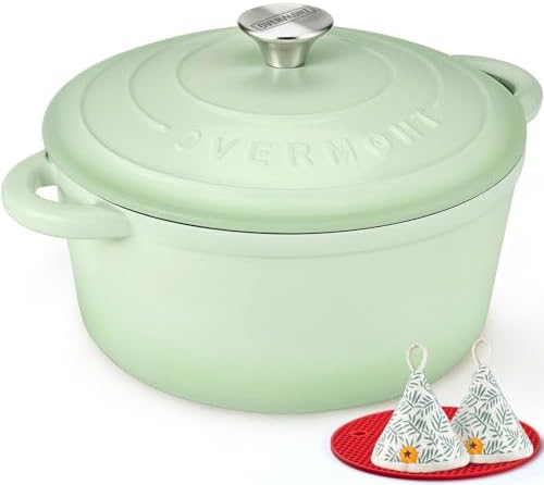 Overmont Enameled Cast Iron Dutch Oven - 5.5QT Pot with Lid Cookbook & Cotton Potholders - Heavy-Duty Cookware for Braising, Stews, Roasting, Sourdough Baking Verdant