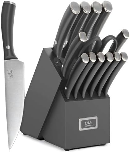 WANGMAZI 15‑Pcs Knife Block Set, Stainless Steel, Black