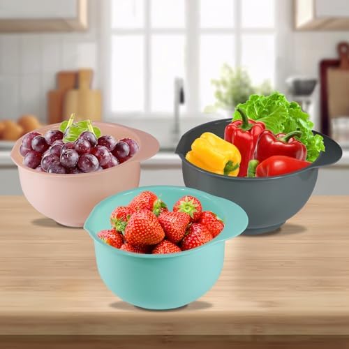 Set of 3 Mixing Bowls with Pour Spout-Nesting Design Saves Space - Non-Slip, BPA Free, Dishwasher Safe Plastic - Kitchen Cooking and Baking Supplies (Green Pink Grey)