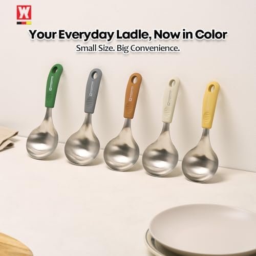 Short Stainless Steel Ladle 220mm (8.6”) – SUS304 Thick Deep Bowl Head with Soft-Grip Silicone Handle – Lightweight Mini Soup & Serving Spoon for Cooking – 5 Color Options (Brown)