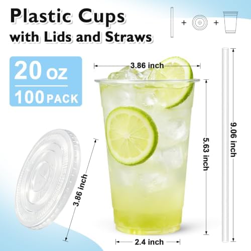 100 Pack 20 oz Disposable Clear Plastic Cups with Lids and Straws