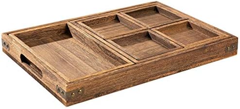 Yangbaga Rustic Wooden Serving Trays with Handle - Set of 7 Rectangular Platters for Entertaining, Breakfast, Coffee Table, Home Decor