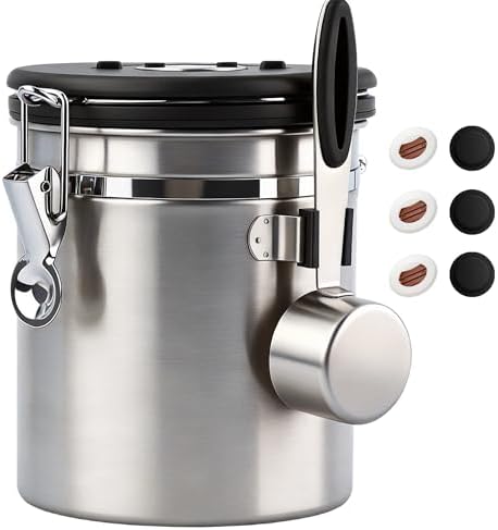 ShanSon Coffee Canister Airtight, Stainless Steel Bean Storage Container with Date Tracker & Scoop, Grounds Sugar Flour Tea Cereal Fits Kitchen Pantry, Ideal Gift for Coffee Lovers,16oz,Silver