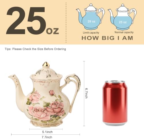 YOLIFE Small Pink Rose Teapot, 25 OZ / 2 Cup Vintage Porcelain Tea Pot
