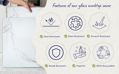 Kitchenville Glass Cutting Board 20”x16”: Tempered Glass Kitchen Counter Protector - Durable- Scratch-Resistant, Heat-Proof - Design 2 - White Marble Effect