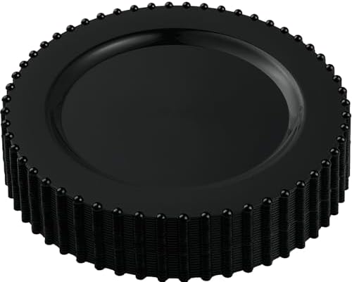 PLASTICPRO 64 Piece Combo Plastic Dinner Plates Disposable Plastic Fancy Heavy Duty Party Dishes 7 inch and 10 inch, Black Beaded