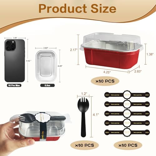 mini loaf pans with lids and spoons 50 Pack,5.5 oz Rectangle mini individual cake tins Disposable Small Aluminum Foil Baking pans(50, Red)