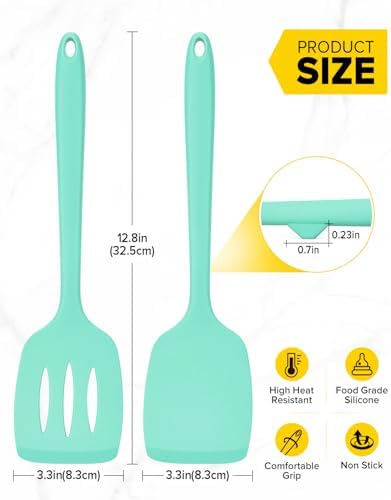 Pack of 2 Silicone Spatula Turners, Non Stick Slotted Kitchen Spatula Set, Heat Resistant BPA Free Kitchen Utensils, One-Piece Design, Suitable for Flipping Fish, Eggs, Steak, Pancakes (GREEN)