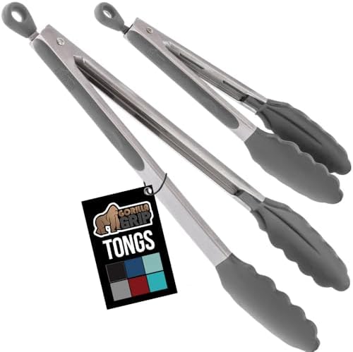 GORILLA GRIP Stainless Steel Kitchen Tongs for Cooking, 2 PK, Gray