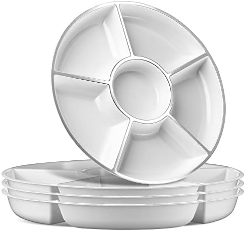 6 Sectional Round Plastic Serving Tray/Platters White W Silver Rim 4 Pack