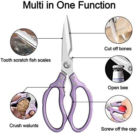 CGBE Kitchen Scissors All Purpose Heavy Duty, Ultra Sharp Stainless Steel Kitchen Shears Dishwasher Safe, Cooking Shears for Chicken, Poultry, Fish, Meat, Herbs & Grapes with Non-Slip Grips - Purple