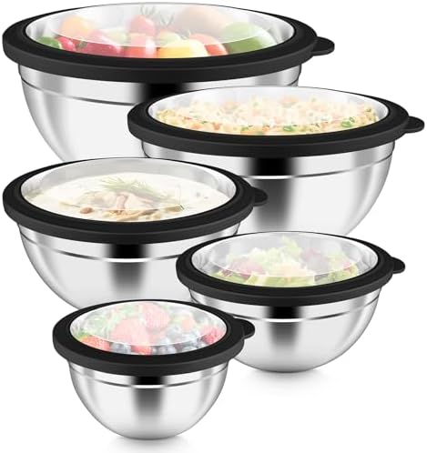 P&P CHEF Metal Mixing Bowls with Lids Set, Visible Airtight Lids & Black