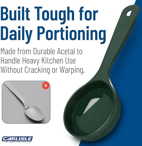 Carlisle FoodService Products 8.25" 4 Ounce Solid Measuring Spoon – Portion Control – Flat Bottom spoon – Short Handle, Dishwasher Compatible, Forest Green, (Pack of 12)