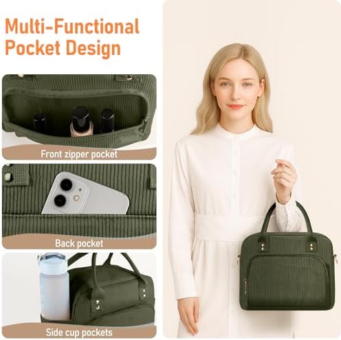 Lunch Bag Large Insulated Lunch Box for Women Men Adult Cute Green Lunchbox Corduroy Lunch Bags Boxes Pail with Adjustable Shoulder Strap for Work Mom Picnic Office Travel 11.4×6.8×9.1 inches 11.5L