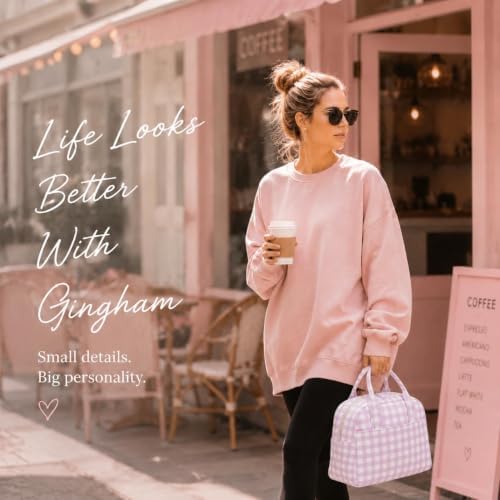 LOVELYWIND Lunch Bag for Women, Insulated Lunch Box, Purple Gingham Tote