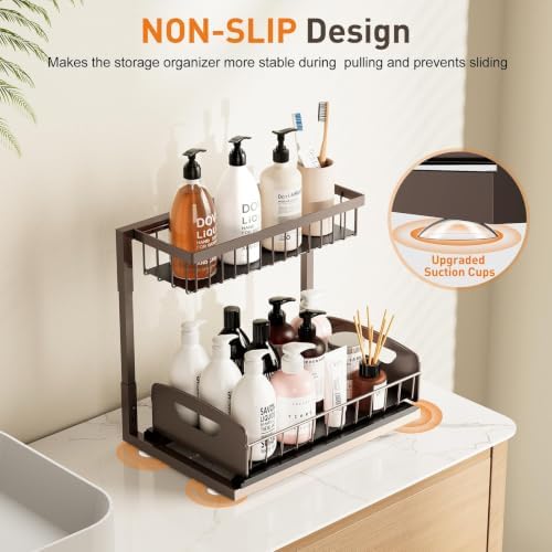 Under Kitchen Sink Organizer, Metal Pull Out Bathroom Organizers and Storage, 2-Tier Cabinet Organizer Shelf with Sliding Drawer, Home Organization for Kitchen, Laundry, Pantry, Brown, 2 pack