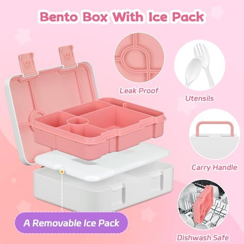 Bento Lunch Box Kids and 9oz Soup Thermo – 5.5-Cup Leakproof Kids Bento Box with Ice Pack & 9oz Insulated Food Jar – Hot & Cold Food Lunch Container for Boy Girl School, Pink Set