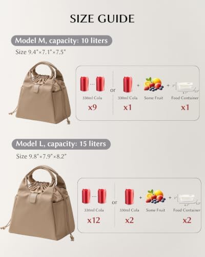 EACHY Insulated Lunch Bag for Women, Upgraded 13L Large Capacity Lunch Box, Stylish Drawstring Tote with Stain-Resistant Wipe-Clean Lining, Thermal Cooler Carrier for Work, Nursing and Commute (Beige)