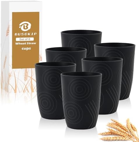 12oz Wheat Straw Cups Sets of 6, Plastic Cups Reusable (Black)