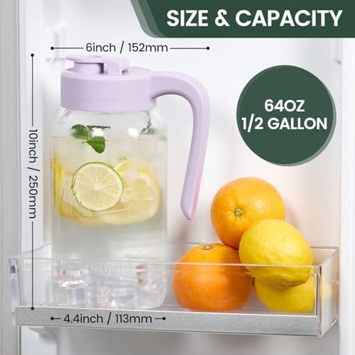Mason Jar Pitcher, 64 oz (2 quart), Glass Pitcher with Lid