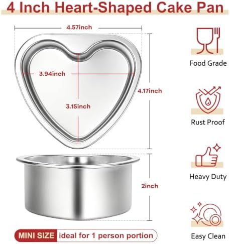 TeamFar 3 PCS Heart Cake Pan, 4 Inch Stainless Steel Heart Shaped Cake Pans