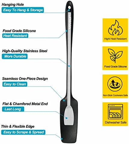 2-Pack Silicone Small Jar Spatulas with Long Handle, Upgraded Heat Resistant Spatula for Non Stick Cookware, Seamless Design, Stainless Steel Core, BPA Free Spoonula, Black