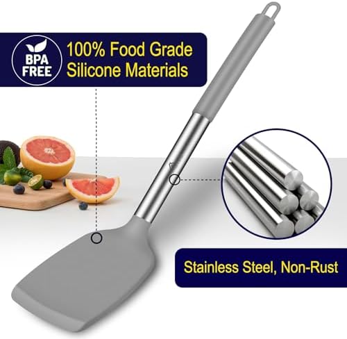 HOTEC Silicone Spatula Set of 2 Heat-Resistant 600°F & BPA-Free Kitchen SaptulaTurner with Stainless Steel Handles, Slotted & Solid Spatulas for Nonstick Cookware, 13.7 Inch, Grey