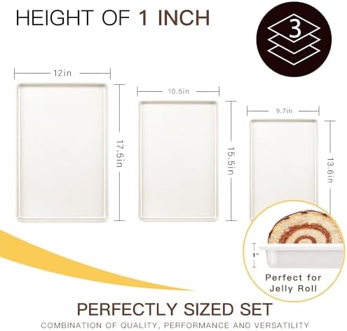 HONGBAKE 3 Pack Nonstick Ceramic Baking Sheet Pan Set for Oven, Non-Toxic Half/Quarter/Jelly Roll Pans with Diamond Texture, 0.8mm Aluminized Steel Cookie Trays for Cooking, Cream