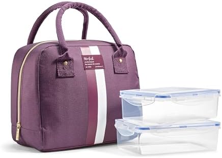 Fit & Fresh Bloomington Lunch Bag for Women - Insulated Large Lunch Box for Work with Containers, Leak-Resistant, Stain-Resistant, Zipper Closure, Plum Stripe