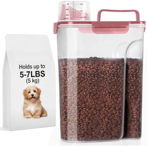 LEAWALK 5-7Lbs/6Qt Dog Cat Storage Container Portable with Upgraded Large Spout and Cup, Plastic Pet Food Dispenser for Small Animal Kibble, Bird Seed, Oatmeal, Rice, Flour, Brown Sugart- Clear pink