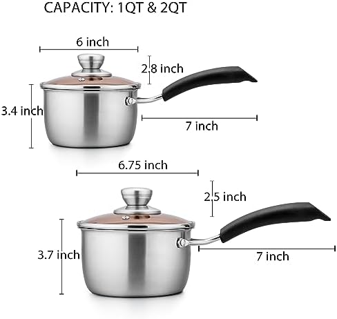 TeamFar 1qt & 2qt Saucepan with Lid, Stainless Steel Small Cooking Pot